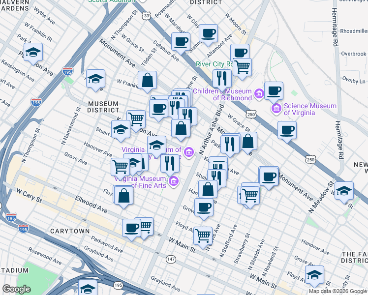 map of restaurants, bars, coffee shops, grocery stores, and more near 548 North Colonial Avenue in Richmond