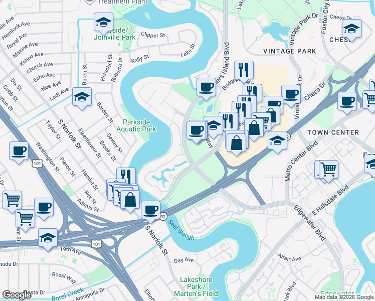 map of restaurants, bars, coffee shops, grocery stores, and more near 710 Mariners Island Boulevard in San Mateo