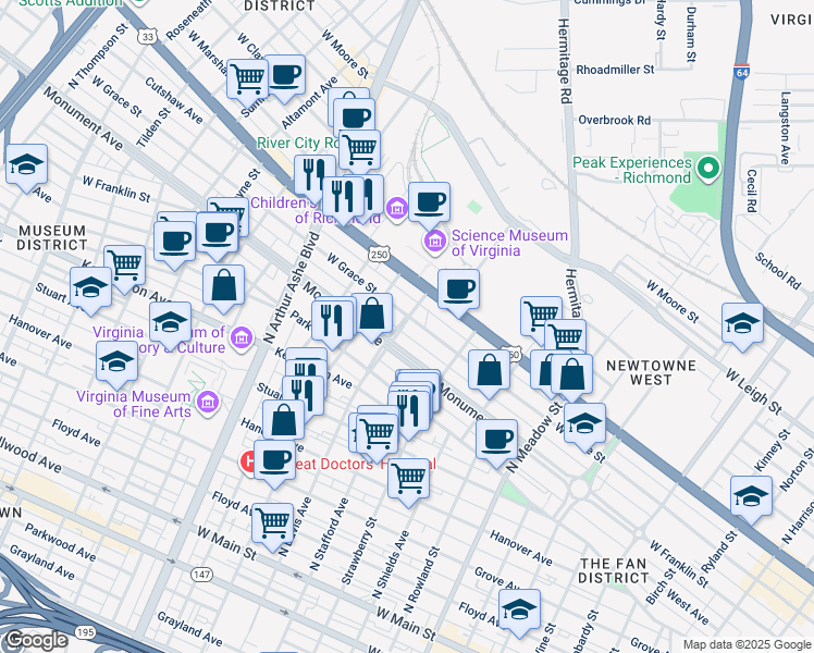 map of restaurants, bars, coffee shops, grocery stores, and more near 2343 West Grace Street in Richmond