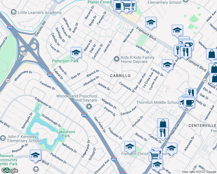 map of restaurants, bars, coffee shops, grocery stores, and more near 36053 Adobe Drive in Fremont