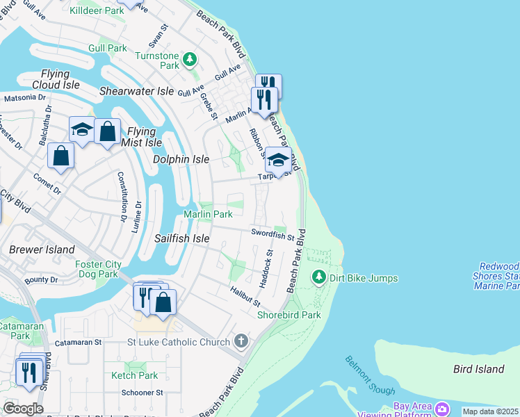 map of restaurants, bars, coffee shops, grocery stores, and more near 264 Bonita Lane in Foster City