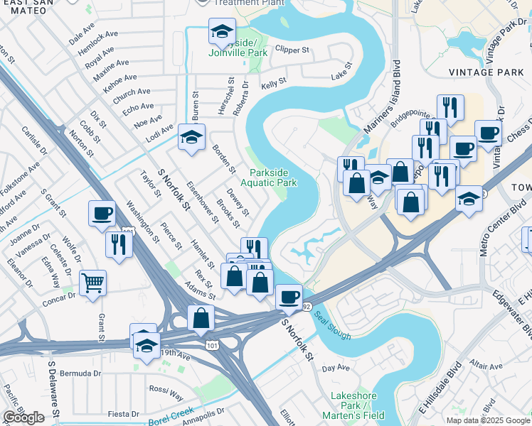 map of restaurants, bars, coffee shops, grocery stores, and more near 1558 Roberta Drive in San Mateo