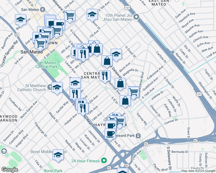 map of restaurants, bars, coffee shops, grocery stores, and more near 172 12th Avenue in San Mateo