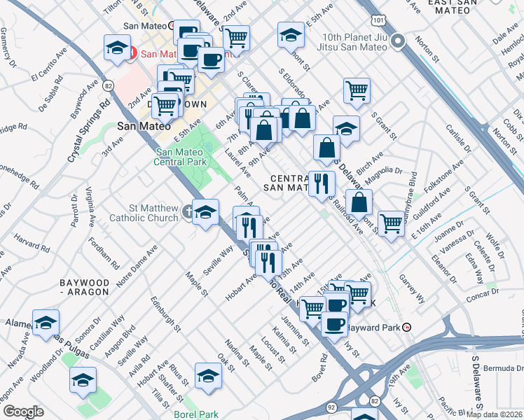 map of restaurants, bars, coffee shops, grocery stores, and more near 960 Palm Avenue in San Mateo