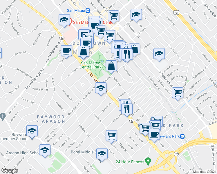 map of restaurants, bars, coffee shops, grocery stores, and more near 5 Hayward Avenue in San Mateo