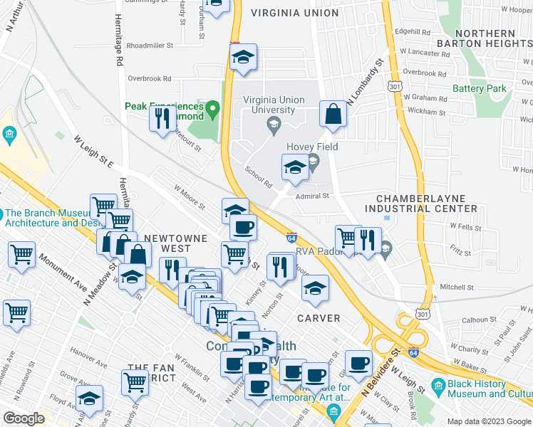 map of restaurants, bars, coffee shops, grocery stores, and more near 1500 West Moore Street in Richmond