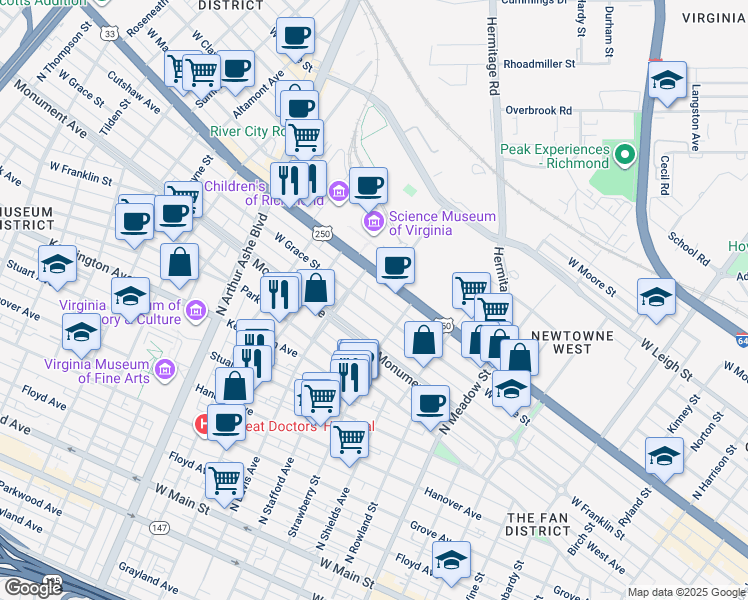 map of restaurants, bars, coffee shops, grocery stores, and more near 2323 West Grace Street in Richmond