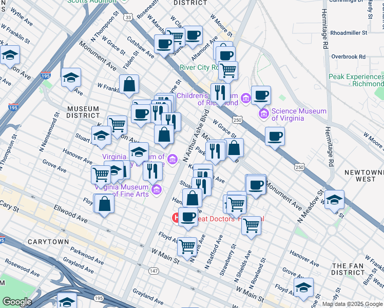 map of restaurants, bars, coffee shops, grocery stores, and more near 505 Virginia 161 in Richmond