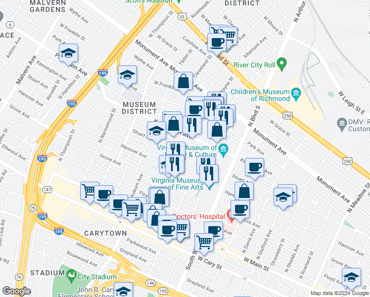 map of restaurants, bars, coffee shops, grocery stores, and more near 3018 Stuart Avenue in Richmond