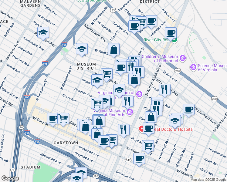 map of restaurants, bars, coffee shops, grocery stores, and more near 3018 Stuart Avenue in Richmond