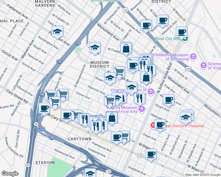 map of restaurants, bars, coffee shops, grocery stores, and more near 3212 Hanover Avenue in Richmond