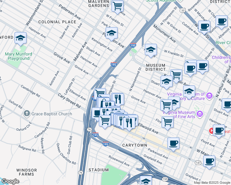 map of restaurants, bars, coffee shops, grocery stores, and more near 3538 Floyd Avenue in Richmond