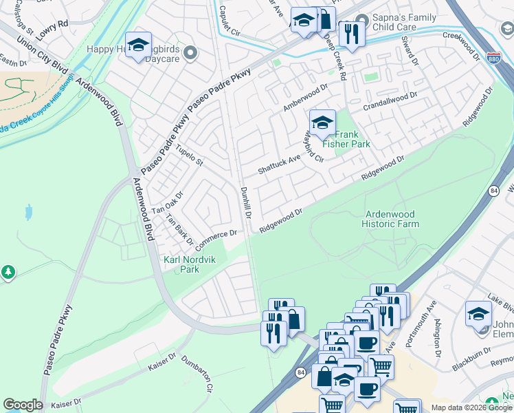 map of restaurants, bars, coffee shops, grocery stores, and more near 34355 Windsong Terrace in Fremont
