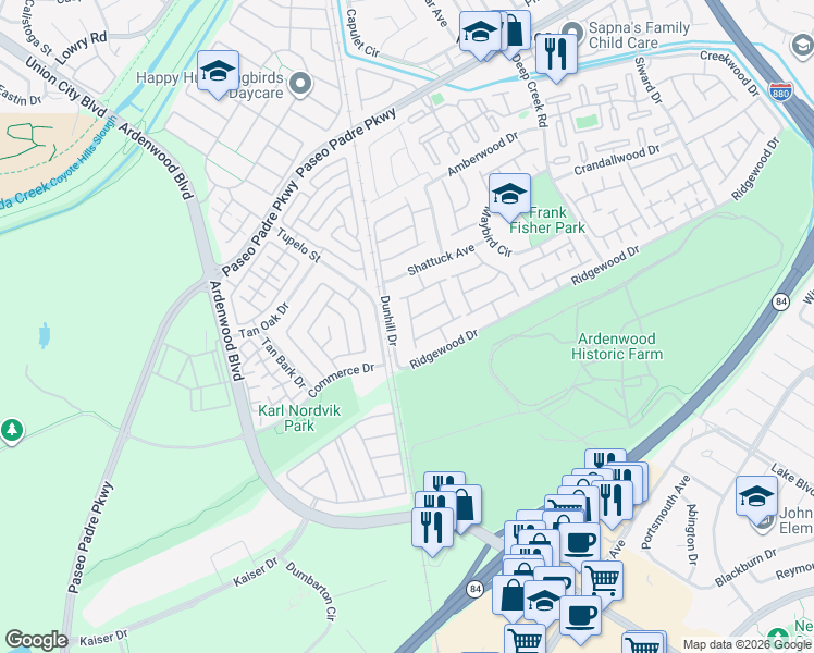 map of restaurants, bars, coffee shops, grocery stores, and more near 34355 Windsong Terrace in Fremont