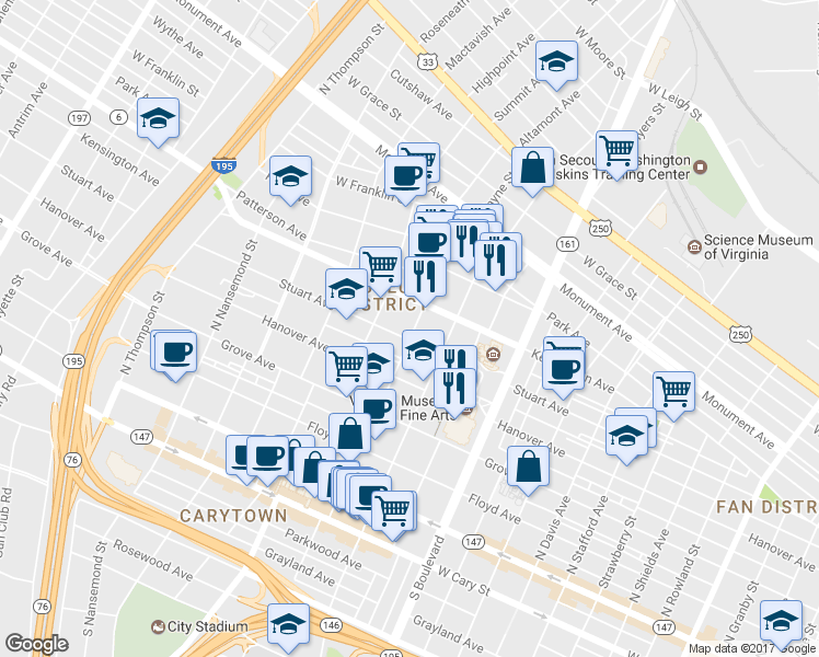 map of restaurants, bars, coffee shops, grocery stores, and more near 402 North Belmont Avenue in Richmond