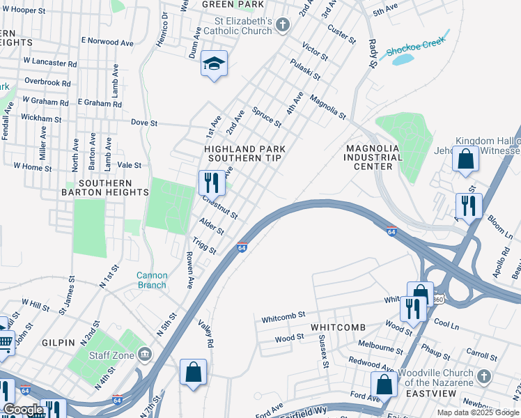 map of restaurants, bars, coffee shops, grocery stores, and more near 2000 Althea Street in Richmond