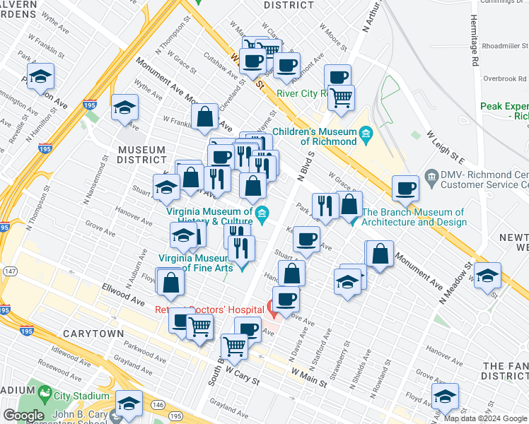 map of restaurants, bars, coffee shops, grocery stores, and more near 2814 Kensington Avenue in Richmond