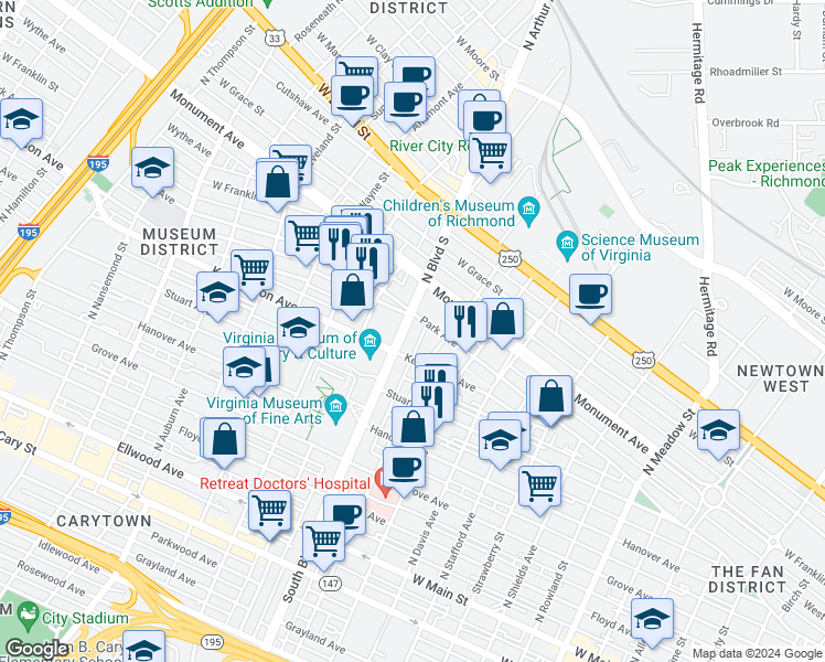 map of restaurants, bars, coffee shops, grocery stores, and more near 511 North Arthur Ashe Boulevard in Richmond