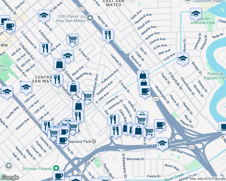 map of restaurants, bars, coffee shops, grocery stores, and more near 722 East 16th Avenue in San Mateo