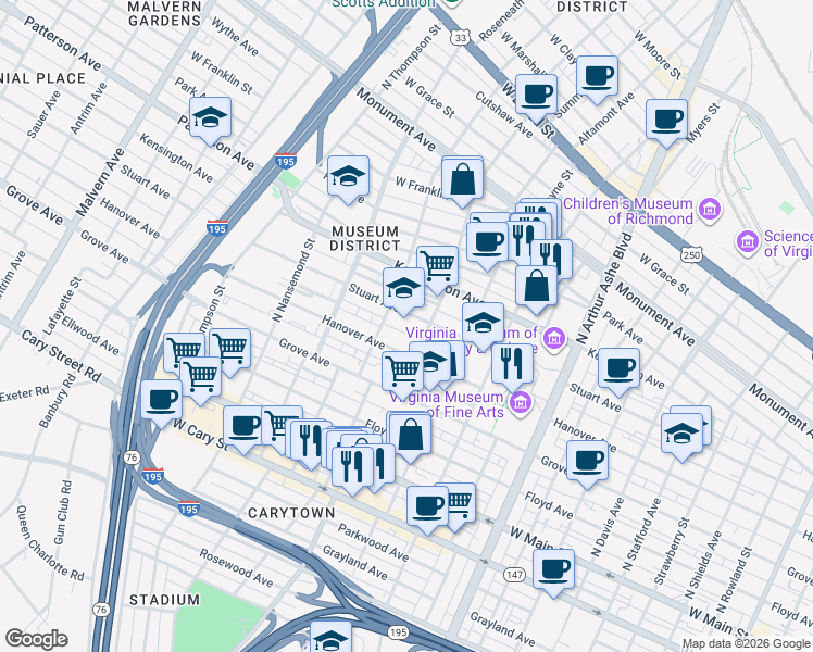 map of restaurants, bars, coffee shops, grocery stores, and more near 3215 Stuart Avenue in Richmond