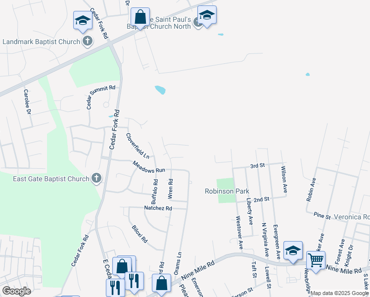 map of restaurants, bars, coffee shops, grocery stores, and more near 5411 Waving Meadow Road in Richmond