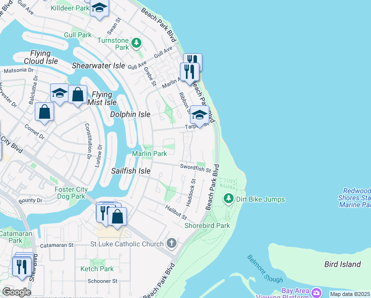 map of restaurants, bars, coffee shops, grocery stores, and more near 264 Bonita Lane in Foster City