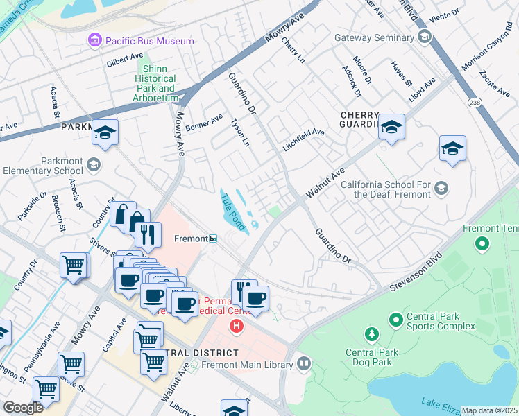 map of restaurants, bars, coffee shops, grocery stores, and more near 1341 Striper Common in Fremont