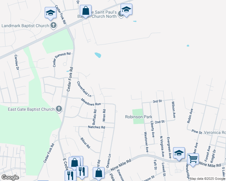 map of restaurants, bars, coffee shops, grocery stores, and more near 5411 Waving Meadow Road in Richmond
