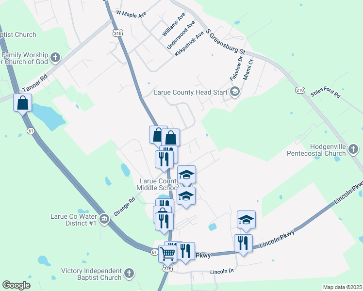map of restaurants, bars, coffee shops, grocery stores, and more near 304 Landmark Drive in Hodgenville