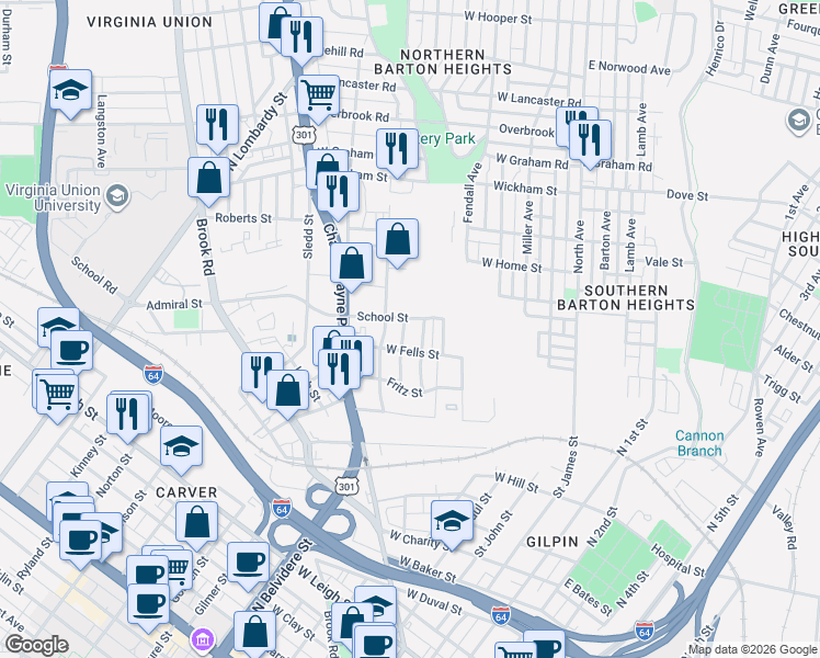 map of restaurants, bars, coffee shops, grocery stores, and more near 1700 Brookfield Street in Richmond