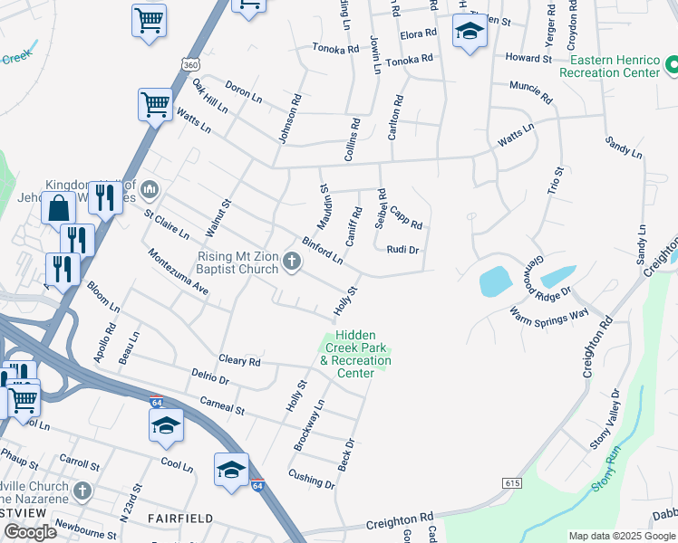 map of restaurants, bars, coffee shops, grocery stores, and more near 2143 Binford Lane in Richmond