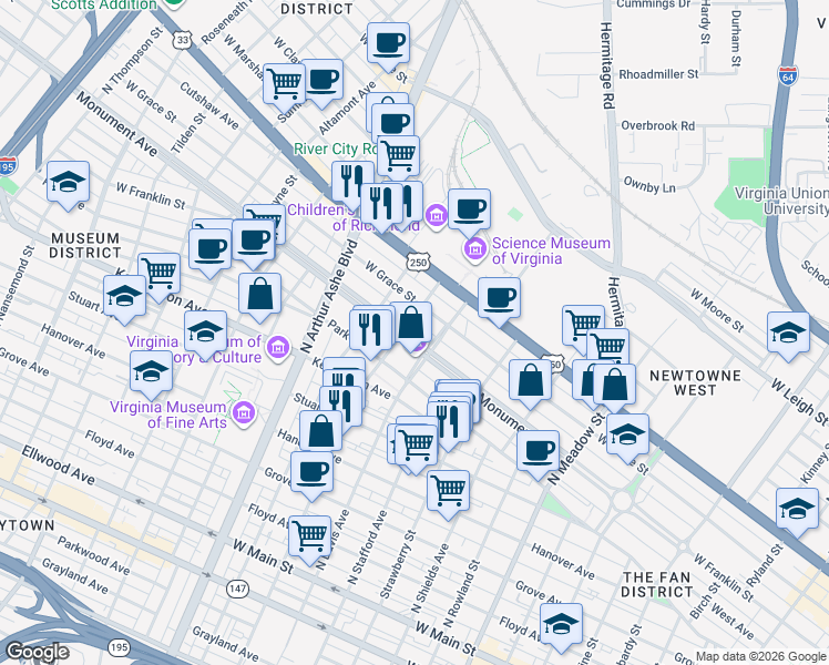 map of restaurants, bars, coffee shops, grocery stores, and more near 2512 Monument Avenue in Richmond