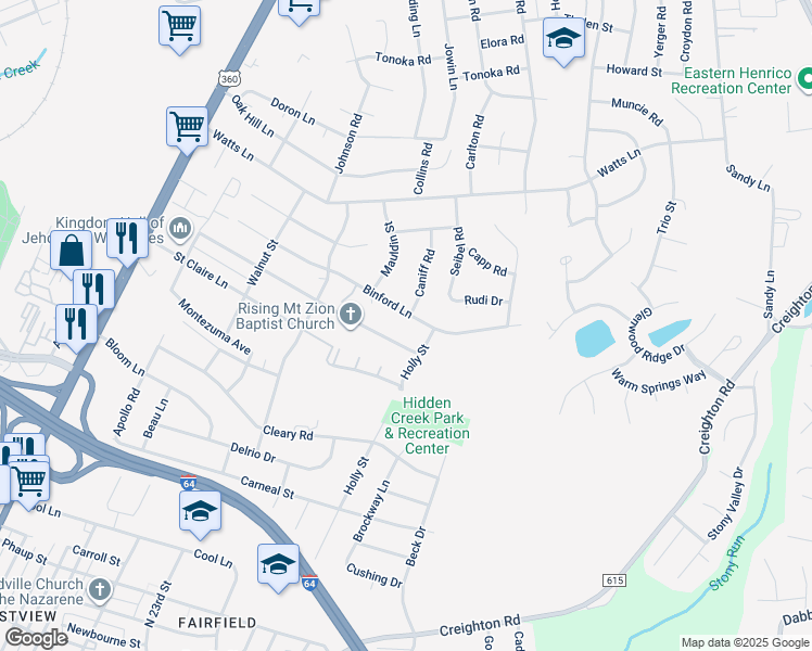 map of restaurants, bars, coffee shops, grocery stores, and more near 2143 Binford Lane in Richmond