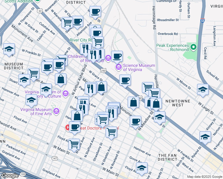 map of restaurants, bars, coffee shops, grocery stores, and more near 2343 West Grace Street in Richmond