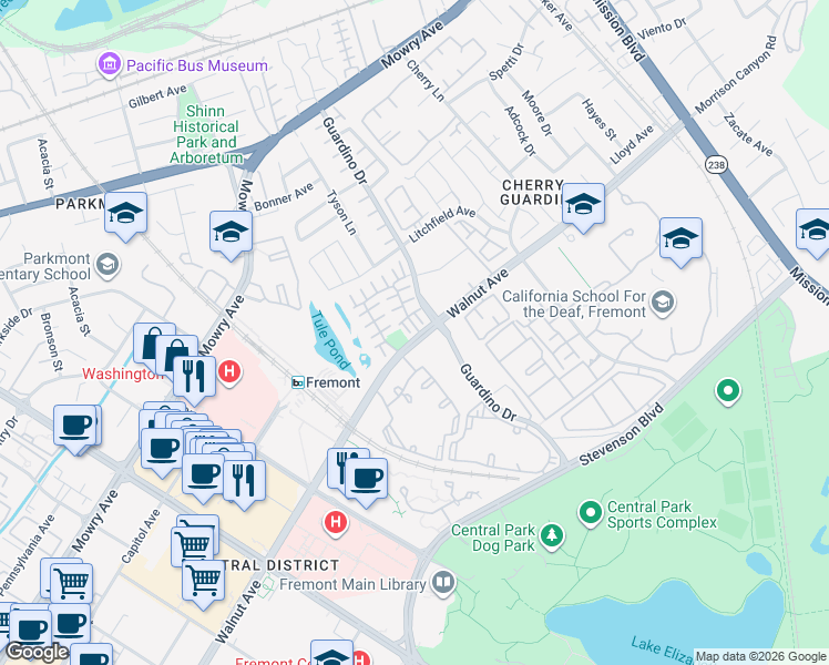 map of restaurants, bars, coffee shops, grocery stores, and more near Lakefront Circle in Fremont