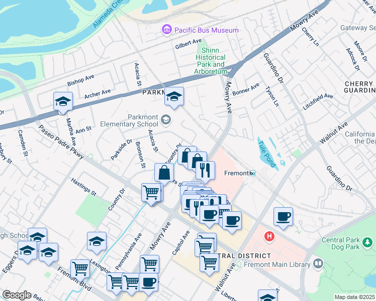 map of restaurants, bars, coffee shops, grocery stores, and more near 1985 Mowry Avenue in Fremont