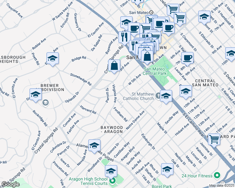 map of restaurants, bars, coffee shops, grocery stores, and more near 505 Edinburgh Street in San Mateo