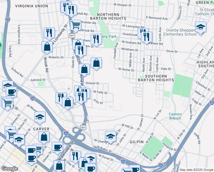 map of restaurants, bars, coffee shops, grocery stores, and more near 1706 Hickory Street in Richmond