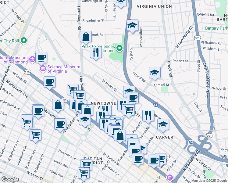 map of restaurants, bars, coffee shops, grocery stores, and more near 1726 West Leigh Street in Richmond
