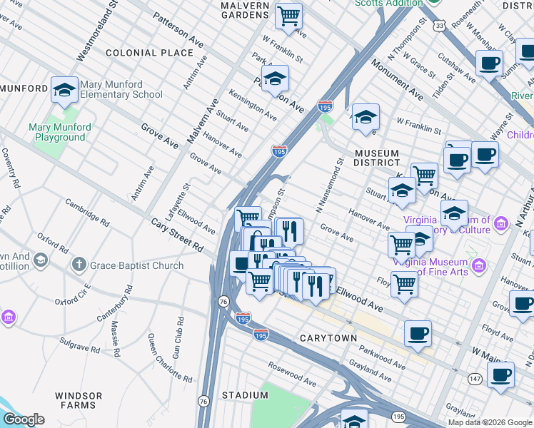 map of restaurants, bars, coffee shops, grocery stores, and more near 3538 Floyd Avenue in Richmond