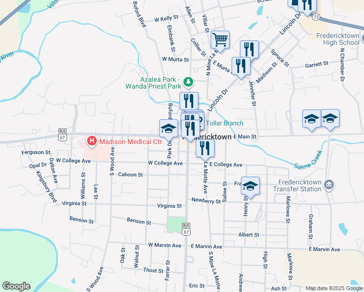 map of restaurants, bars, coffee shops, grocery stores, and more near 121 Park Drive in Fredericktown