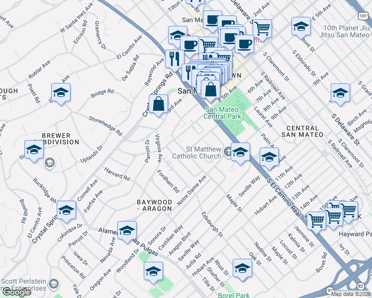 map of restaurants, bars, coffee shops, grocery stores, and more near 100 Mission Drive in San Mateo