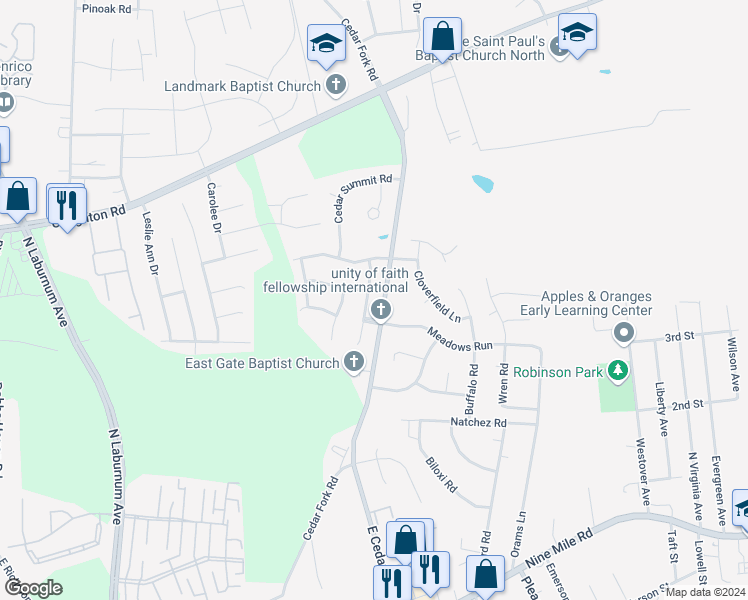 map of restaurants, bars, coffee shops, grocery stores, and more near 5208 Cedar Haven Road in Richmond
