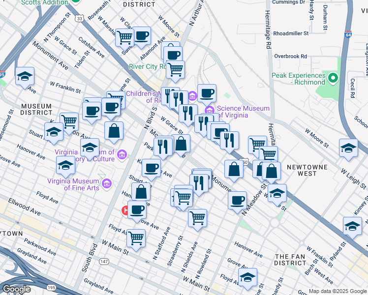map of restaurants, bars, coffee shops, grocery stores, and more near 2512 Monument Avenue in Richmond