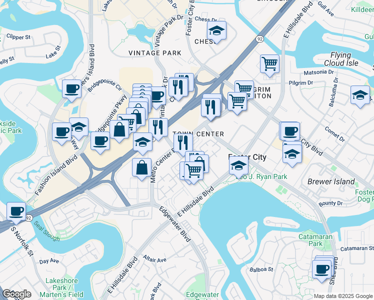 map of restaurants, bars, coffee shops, grocery stores, and more near 900 Metro Center Boulevard in Foster City
