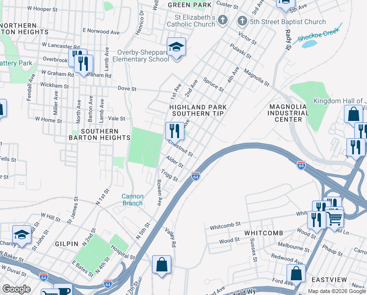 map of restaurants, bars, coffee shops, grocery stores, and more near 1412 Chestnut Street in Richmond