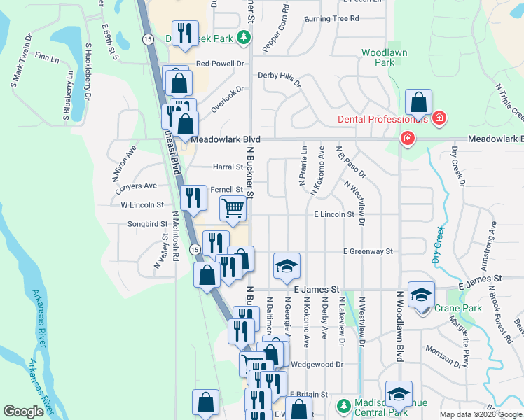 map of restaurants, bars, coffee shops, grocery stores, and more near 1251 North Baltimore Avenue in Derby