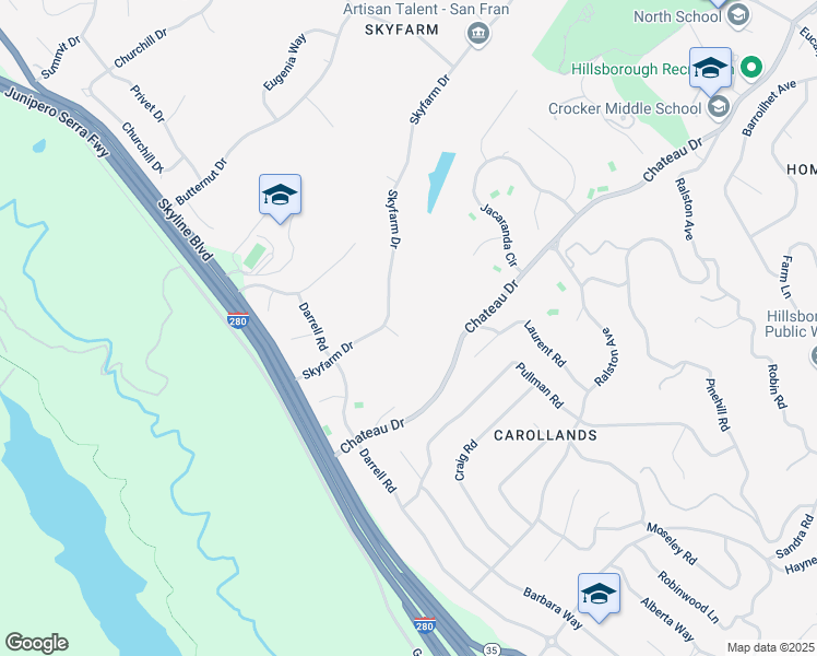 map of restaurants, bars, coffee shops, grocery stores, and more near 15 Pine Court in Hillsborough