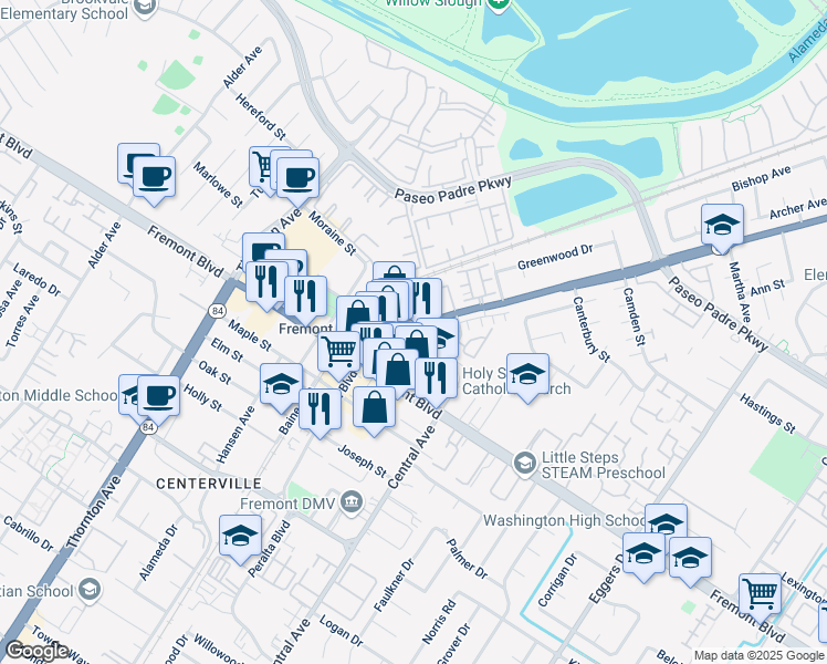 map of restaurants, bars, coffee shops, grocery stores, and more near 3825 Parish Avenue in Fremont