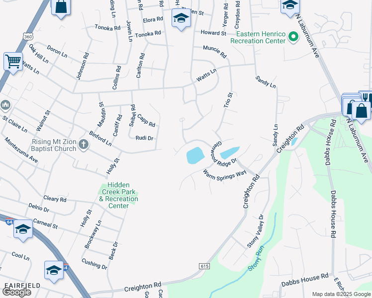 map of restaurants, bars, coffee shops, grocery stores, and more near 2636 Piney Ridge Drive in Richmond